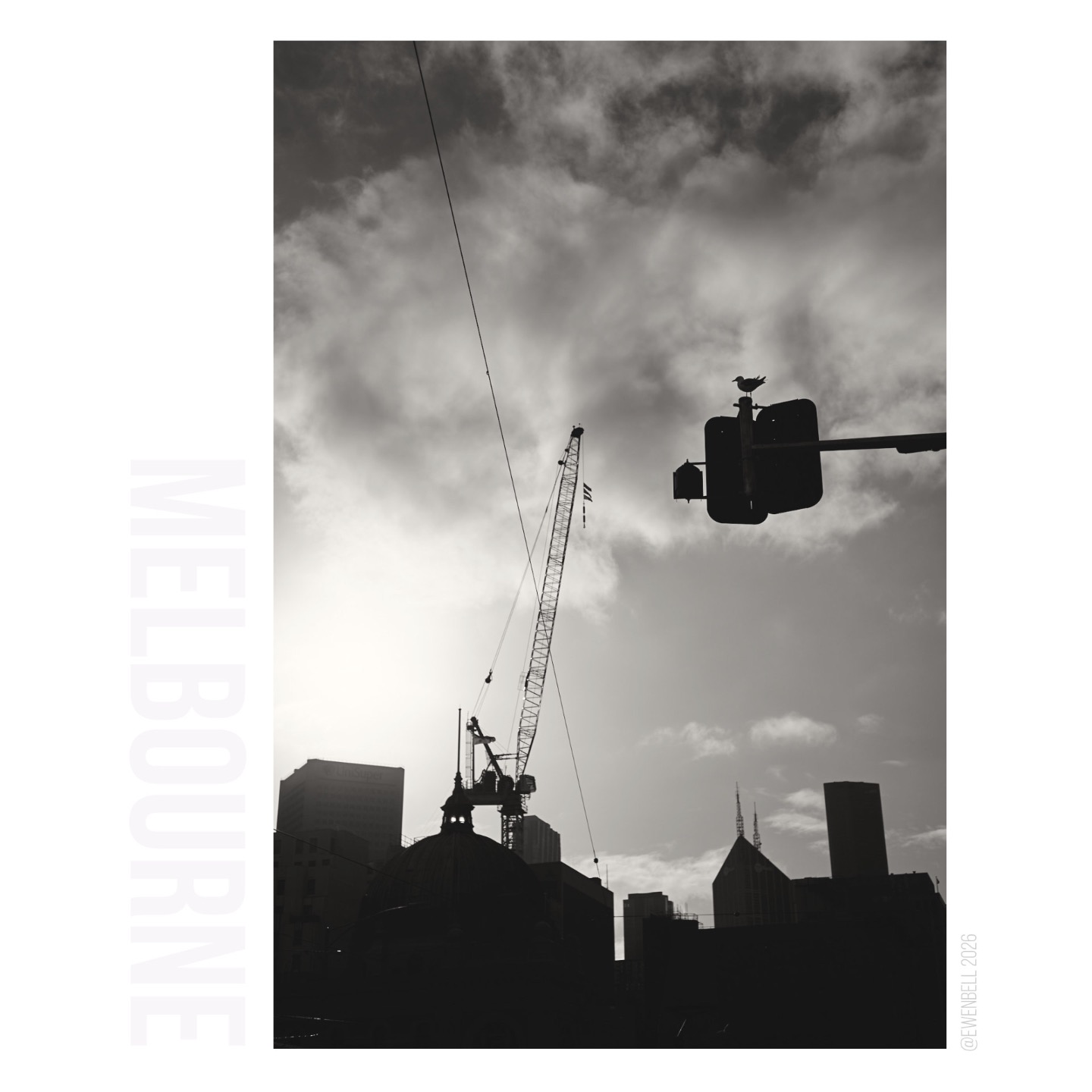 Big sky above Flinders St Station. Cranes are a feature of Melbourne CBD. A gull sits on the traffic lights, enjoying the chaos below.